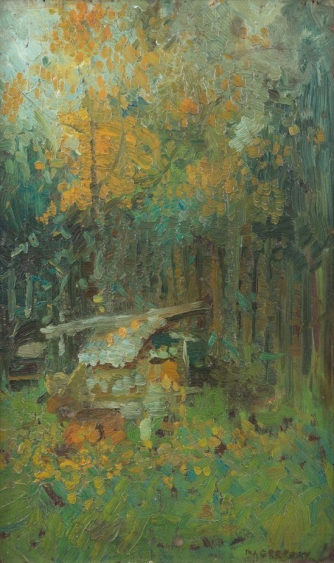 GEORGINA (INA) ALICE GREGORY (1874-1964), (Melbourne Art School, Charterisville), oil on cedar panel, signed lower right "Ina Gregory",  37 x 23cm, 58 x 43cm overall.