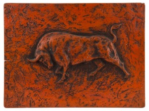 ARTIST UNKNOWN vintage Australian ceramic bull plaque with burnt orange finish, circa 1960s, 43 x 58cm