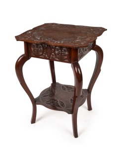 An Australian dark stained pine chip carved occasional table with shaped top, early 20th century, 79cm high, 61cm wide, 61cm deep