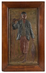 An Australian painted chalk ware plaque of an Aborigine in red pine frame, late 19th century, ​​​​​​​84 x 50cm overall
