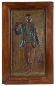 An Australian painted chalk ware plaque of an Aborigine in red pine frame, late 19th century, 84 x 50cm overall