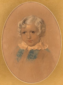AUSTRALIAN COLONIAL SCHOOL, (Portrait of a young boy), pencil and watercolours on paper, signed in pencil lower left, circa 1850, 32 x 24 (oval).