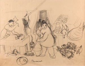 JOHN PERCEVAL (1923-2000), I.) the butcher's shop, II.) urban landscape with figures, double sided pencil sketch on paper, signed lower centre "Perceval", 35 x 44cm, 70 x 79cm overall