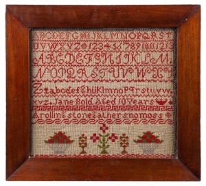 An antique sampler by "JANE BOLD AGED 10 years", in an Australian cedar frame, 19th century, ​​​​​​​44 x 48cm overall