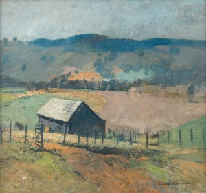 LANCE SOLOMON (1913-1989), (farm shed in landscape), oil on board, signed lower right "Lance Solomon", 41 x 44cm, 58 x 60cm overall