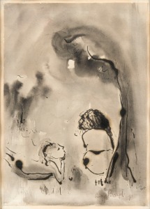 LUCY BOYD BECK (1916-2009), Story Time, ink and wash on paper, signed lower right "Lucy Boyd '71", Manyung Gallery label verso, 24 x 17cm, 38 x 30cm overall