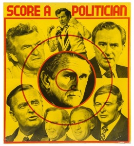 POLITICAL DART BOARD “Score a Politician” made for Ron d’Albora during elections in the 1980’s and sold in his Greville’s Homewares shop in Prahran, Melbourne. 46 x 41.5cm