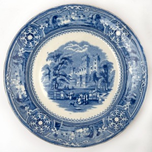 "AUSTRALIA" patterned antique Scottish porcelain dinner plate with blue and white transfer design manufactured by R. Cockran & Co. of Glasgow, circa 1850. stamped "Australia, R.C.&.Co.", 26cm diameter