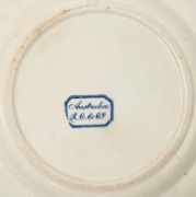 "AUSTRALIA" patterned antique Scottish porcelain dinner plate with blue and white transfer design manufactured by R. Cockran & Co. of Glasgow, circa 1850. stamped "Australia, R.C.&.Co.", ​26cm diameter - 2