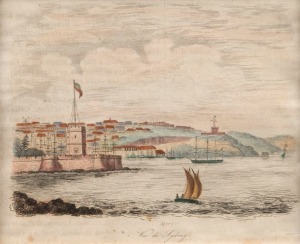 LOUIS AUGUSTE DE SAINSON (France, Australia, New Zealand, 1800-1887), Vue De Sydney, 1835, hand-coloured book plate engraving, 11 x 13cm, 24 x 34cm overall