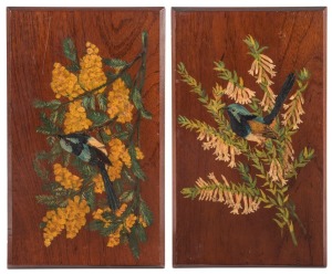 ARTIST UNKNOWN, two fairy wren paintings, oil on cedar board, circa 1900, ​35 x 20cm each