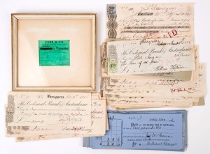 1886 bundle of Colonial Bank cheques and deposit slips, most of the cheques issued at Birregurra Branch; also 1888 Cobb & Co Royal Mail Coaches Terang-Warrnambool return ticket; the latter item framed & glazed. (85 + the framed item)