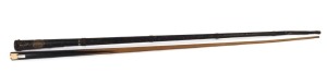 An antique billiard cue, ebony and ash ivory plaque and silver presentation plaque inscribed "D.F. GERITY. 2nd in C.C. Tournament, 1891", housed in a period metal case by ALCOCK & CO. ​​​​​​​the cue 152cm long