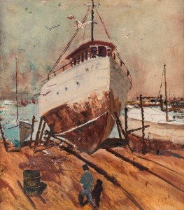 JAMES EGAN (1929 - ), (dry dock), oil on board, signed lower right "Egan", ​​​​​​​65 x 57cm, 80 x 72cm overall