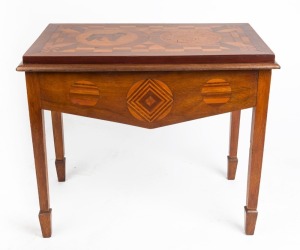 An unusual Australian folk art occasional table with marquetry and parquetry decoration, timbers include blackwood, ash, maple, cedar, pine and others, early 20th century, 61cm high, 72cm wide, 42cm deep