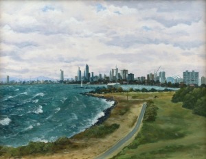 GEORGE PHILLIPS, City Skyline from Point Ormond, 1989, acrylics on board, signed lower right, titled and dated verso, 30 x 40cm.