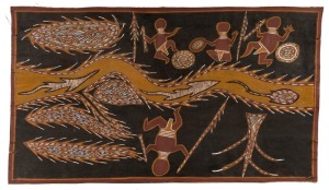 ARTIST UNKNOWN,  (men hunting and fishing by a river), circa 1980s, earth pigment on bark, 42 x 72.5cm.