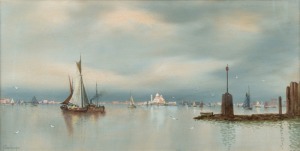 JAMES SWINTON DISTON (1857 - 1940 Venetian Scene, watercolour, 25 x 50cm, signed 'V. Deschamps' lower left.