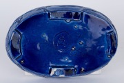 HARVEY SCHOOL blue glazed oval lidded bowl, incised "A. F., 1932", 26cm wide - 2