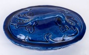 HARVEY SCHOOL blue glazed oval lidded bowl, incised "A. F., 1932", 26cm wide - 3