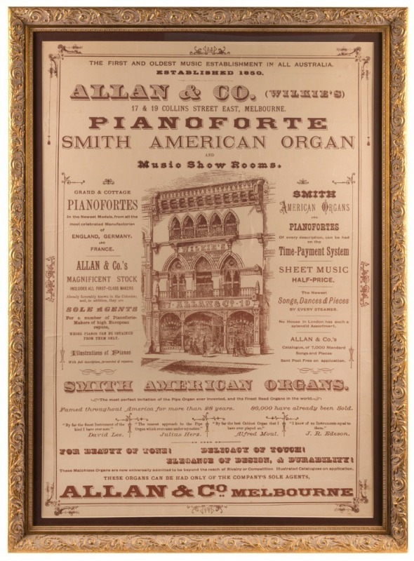 "ALLAN & CO., MELBOURNE - The First & Oldest Music Establishment in Australia" poster, glazed & framed, 105 x 76cm overall.