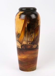 Hand-painted pokerwork vase with fishing scene, circa 1925, 31cm high