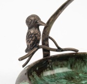 "DISABLED SOLDIER'S POTTERY" bowl with mottled green glaze, organic form silver plated branch handle adorned with a kookaburra, circa 1920, monogram stamp to base, 15cm high, 30cm diameter - 2