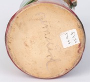 REMUED cylindrical pottery vase with applied gumnuts, leaf and branch, glazed in pink and green, incised "Remued", 16.5cm high - 2