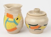 YARRABAH POTTERY lidded sugar bowl and milk jug with coloured and incised animal decoration, incised and signed "Yarrabah Pottery", the jug 13cm high - 2