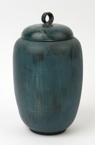 MOBACH blue glazed pottery lidded vase, incised "P. Mobach", 28cm high