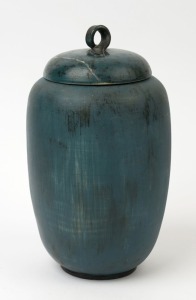 MOBACH blue glazed pottery lidded vase, incised "P. Mobach", 28cm high