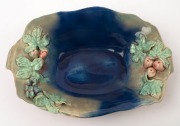 CASTLE HARRIS pottery fruit bowl with applied fruit decoration with blue glazed interior and pink exterior, incised "Castle Harris", 26.5cm wide - 2