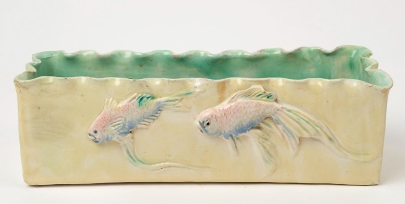 CASTLE HARRIS pottery flower trough with applied fish decoration, incised "Castle Harris", 10cm high, 32cm wide