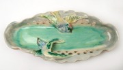 CASTLE HARRIS pierced pottery tray with two applied birds, incised "Castle Harris", 29cm wide