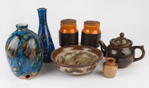 Australian pottery canisters, bowl, vases and teapot, 20th century (7 items), the bowl 24cm diameter