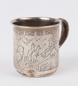 An Australian sterling silver christening mug with Noah's Ark scene depicting two kangaroos, engraved "The Animals Marched In Two By Two", stamped "Sterling", ​​​​​​​7cm high, 9.5cm wide
