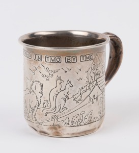 An Australian sterling silver christening mug with Noah's Ark scene depicting two kangaroos, engraved "The Animals Marched In Two By Two", stamped "Sterling", 7cm high, 9.5cm wide