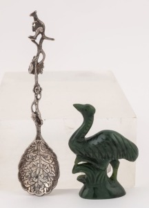 An Australian silver teaspoon with kangaroo finial together with a carved greenstone emu ornament, 20th century, 12cm and 6cm