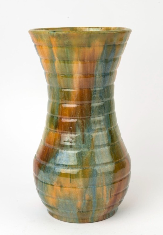 JOHN CAMPBELL ribbed pottery vase with mottled glaze, incised "John Campbell, Tasmania", 34cm high