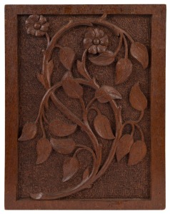 An Australian carved jarrah floral panel, Western Australian origin, early 20th century, 38 x 29cm