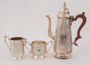 WILLIAM DRUMMOND & Co. MELBOURNE three-piece tea service, Old Sheffield plate, 20th century, the largest 24cm high