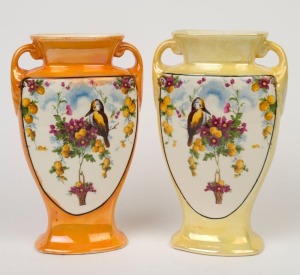 A pair of English porcelain kookaburra and wattle mantel vases, 20th century, 20cm high