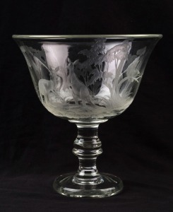 A fine antique glass chalice with stunning wheel cut decoration of Australian animals in bush landscape including kangaroos, cockatoo, wombat, emu and lyrebird, 18cm high