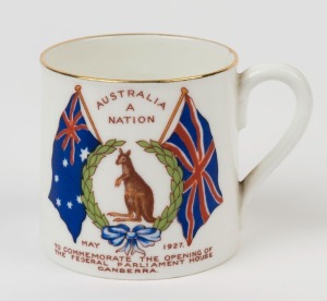 AYNSLEY Commemorative opening of Parliament House porcelain teacup, "Australia A Nation", circa 1927, factory mark to base, 6.5cm high8.5cm wide