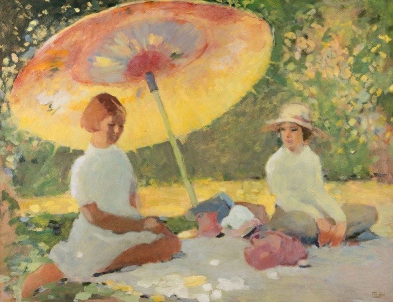 F.A. GIBBS (20th century), (the yellow parasol), oil on board, signed lower right "F.A. Gibbs", 60 x 77cm, 72 x 90cm overall