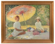 F.A. GIBBS (20th century), (the yellow parasol), oil on board, signed lower right "F.A. Gibbs", 60 x 77cm, 72 x 90cm overall - 2