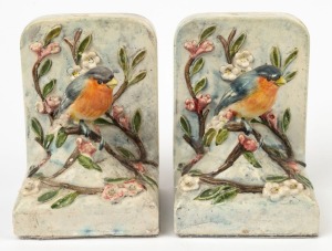 ARTIST UNKNOWN pair of ceramic bookends with Red Robin and floral decoration, ​​​​​​​14cm high