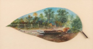 ARTIST UNKNOWN (19th century, Australian School), I.) North Head (Sydney), II.) (farmhouse), oil on gum leaves, one titled lower right, the other signed (illegible), 19cm and 18cm wide, 31 x 40cm overall 