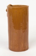 REMUED&nbsp;cylindrical pottery vase with applied gumnuts and leaves, unusual incised decoration with brown and pink glaze, incised "Remued", 17cm high - 2