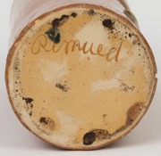 REMUED&nbsp;cylindrical pottery vase with applied gumnuts and leaves, unusual incised decoration with brown and pink glaze, incised "Remued", 17cm high - 3